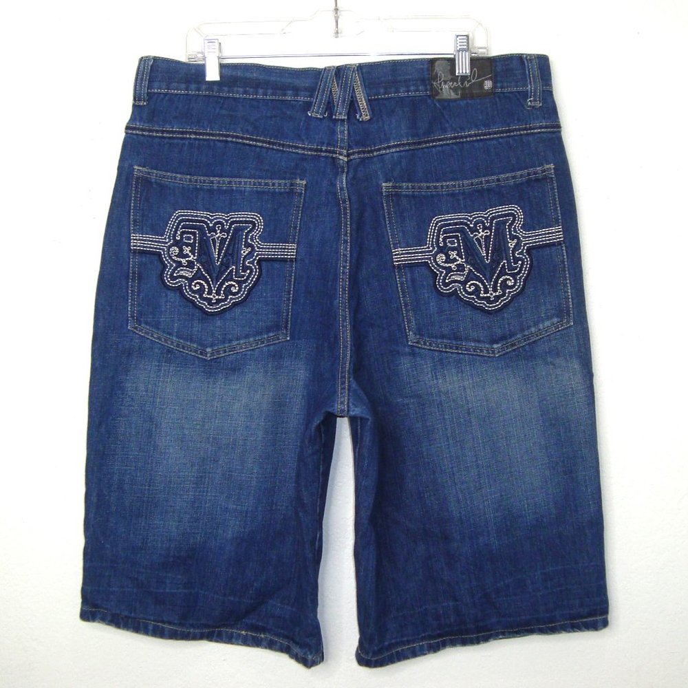 Vintage Tupac Makaveli Iconic Embroidery Pocket Logo M Loop Denim Shorts Size 38
